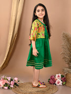 Green sleeveless Dress with Green floral bell sleeves jacket