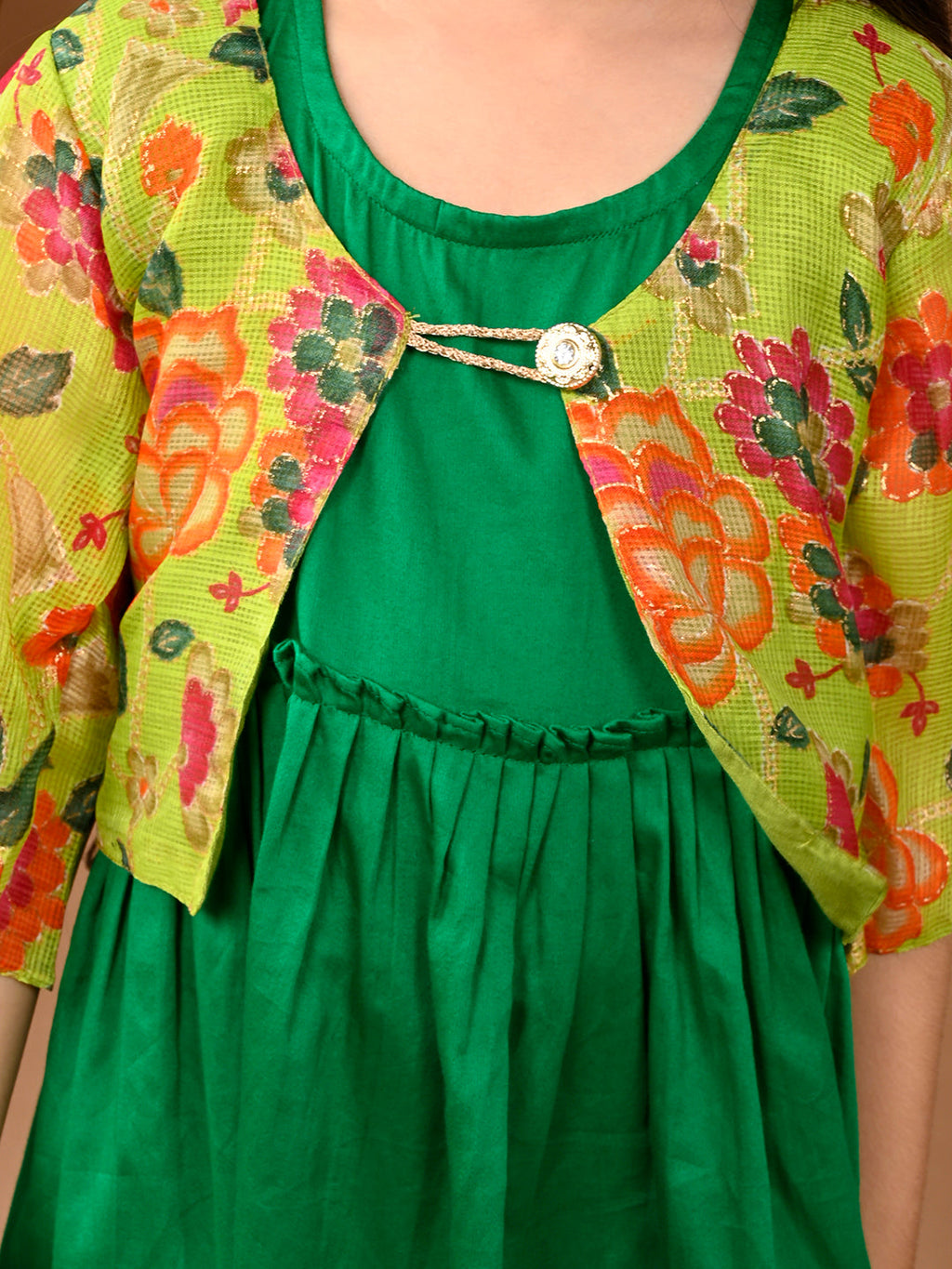 Green sleeveless Dress with Green floral bell sleeves jacket