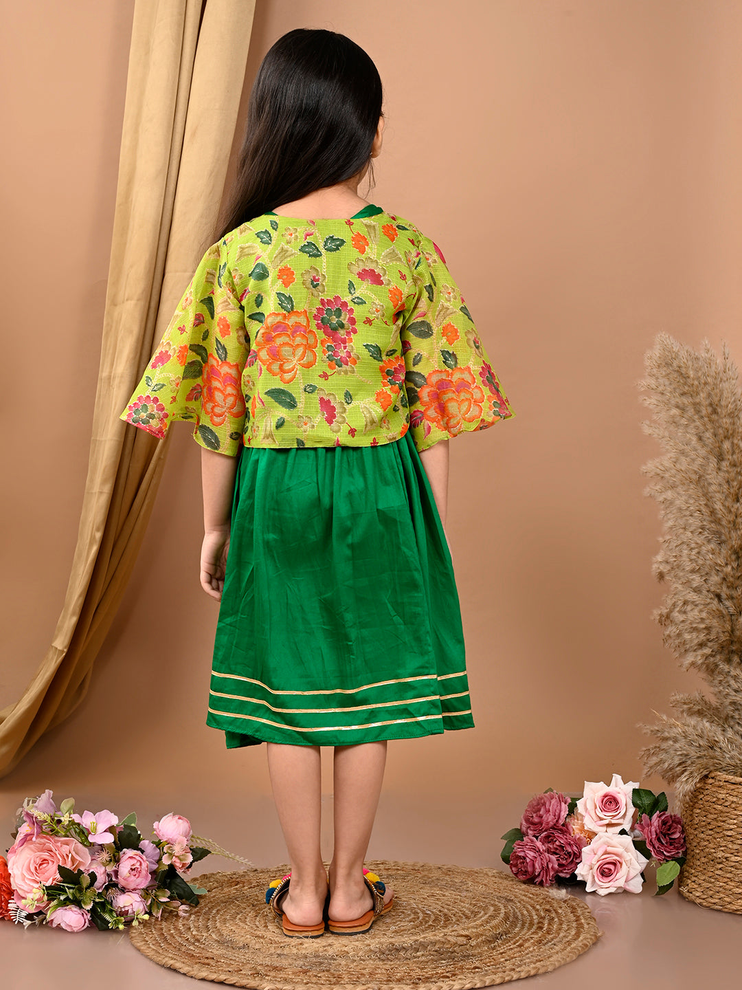 Green sleeveless Dress with Green floral bell sleeves jacket