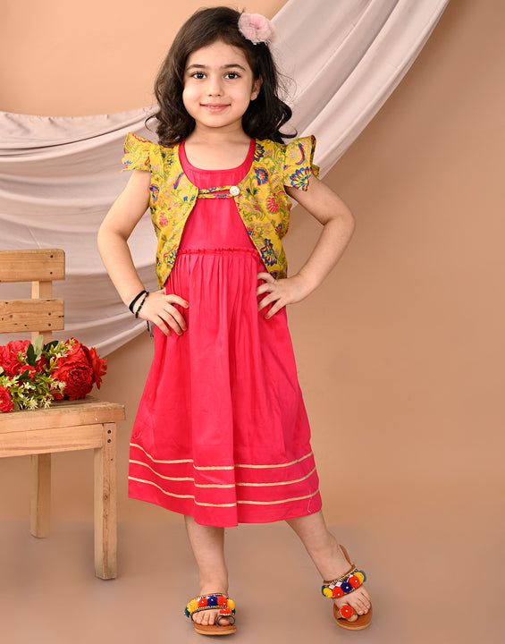 Pink sleeveless Dress with yellow floral cap sleeves muslin jacket