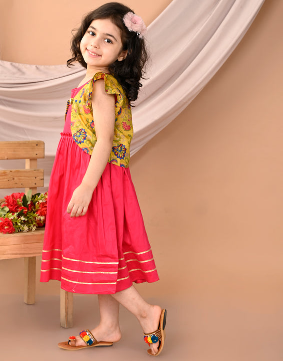 Pink sleeveless Dress with yellow floral cap sleeves muslin jacket