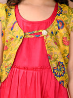 Pink sleeveless Dress with yellow floral cap sleeves muslin jacket