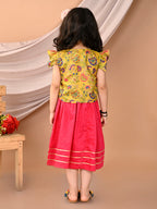 Pink sleeveless Dress with yellow floral cap sleeves muslin jacket