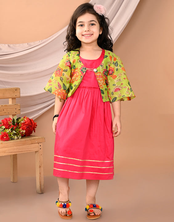 Pink sleeveless Dress with Green floral bell sleeves jacket