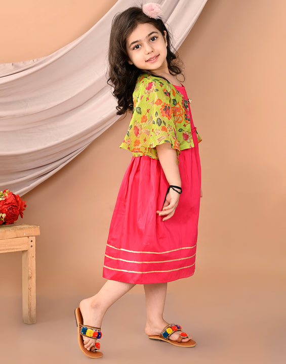Pink sleeveless Dress with Green floral bell sleeves jacket