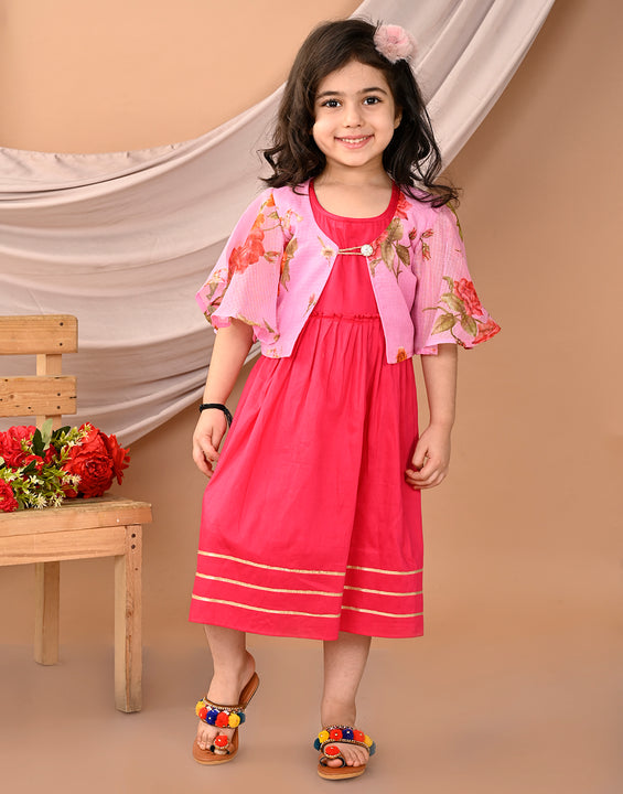 Pink sleeveless Dress with Pink floral bell sleeves jacket