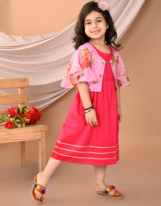 Pink sleeveless Dress with Pink floral bell sleeves jacket