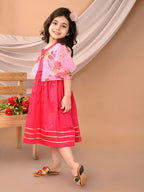 Pink sleeveless Dress with Pink floral bell sleeves jacket