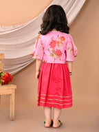 Pink sleeveless Dress with Pink floral bell sleeves jacket