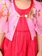 Pink sleeveless Dress with Pink floral bell sleeves jacket