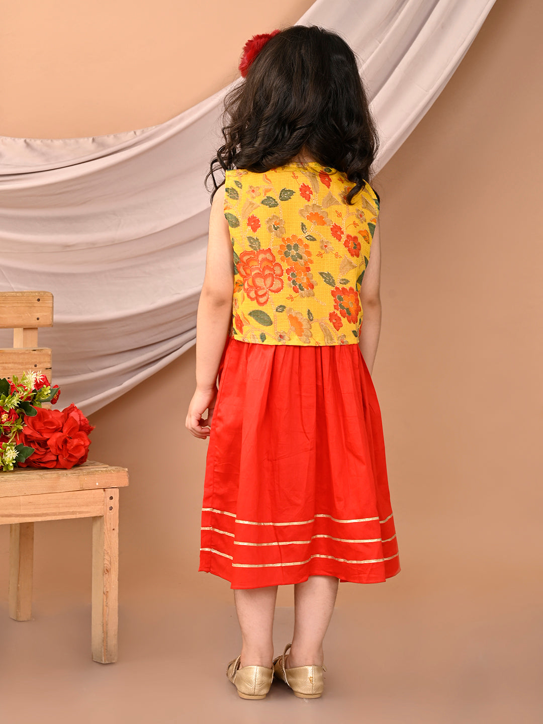 Red sleeveless Dress with Yellow floral sleevelss  jacket