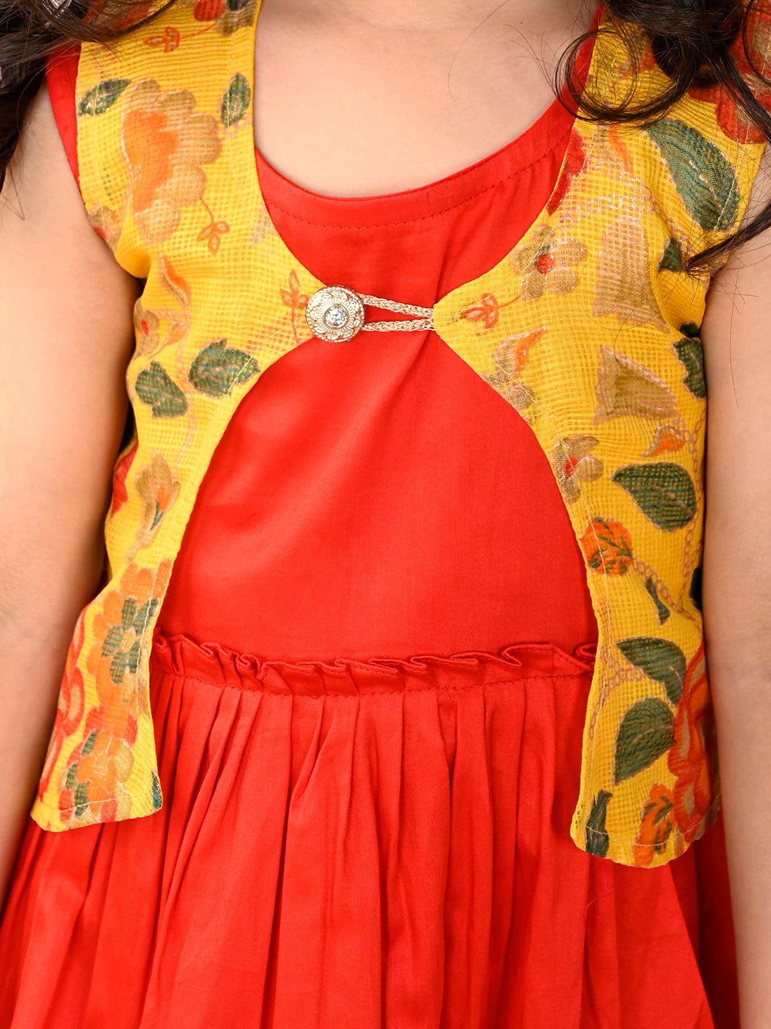 Red sleeveless Dress with Yellow floral sleevelss  jacket