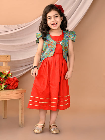 Red sleeveless Dress with green floral cap sleeves muslin jacket