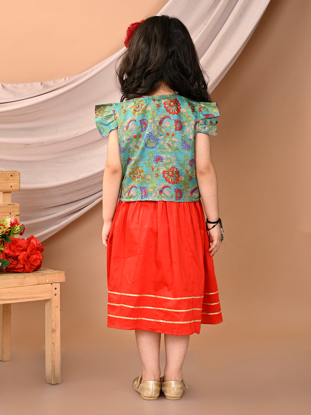 Red sleeveless Dress with green floral cap sleeves muslin jacket