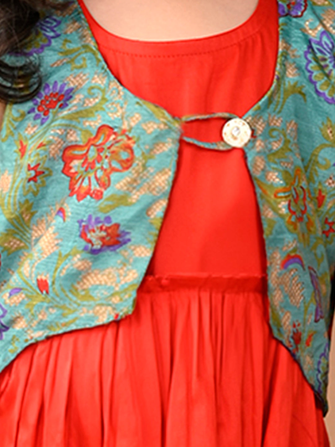 Red sleeveless Dress with green floral cap sleeves muslin jacket