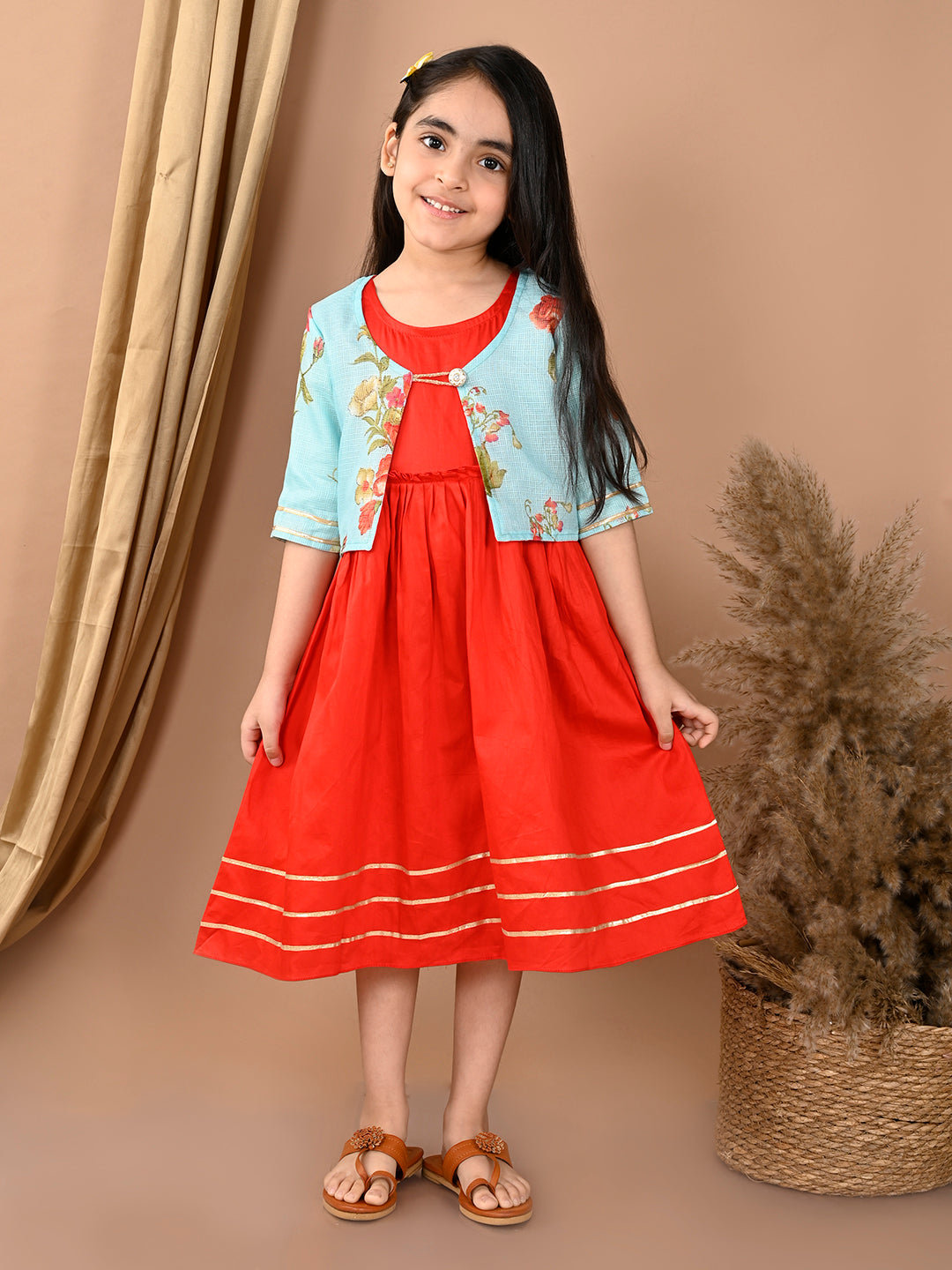 Red sleeveless Dress with Blue floral 3/4 sleeves jacket