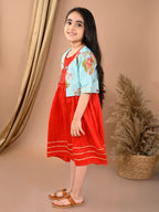 Red sleeveless Dress with Blue floral 3/4 sleeves jacket