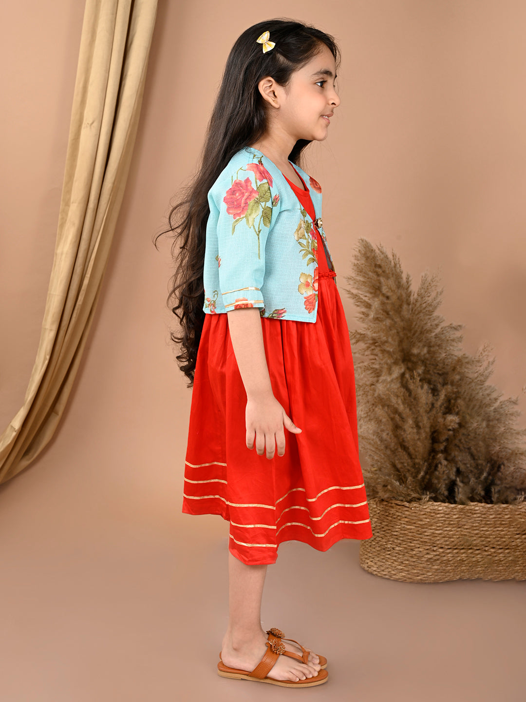 Red sleeveless Dress with Blue floral 3/4 sleeves jacket