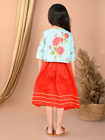 Red sleeveless Dress with Blue floral 3/4 sleeves jacket