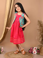 Pink sleeveless Dress with blue sleevesless kota jacket