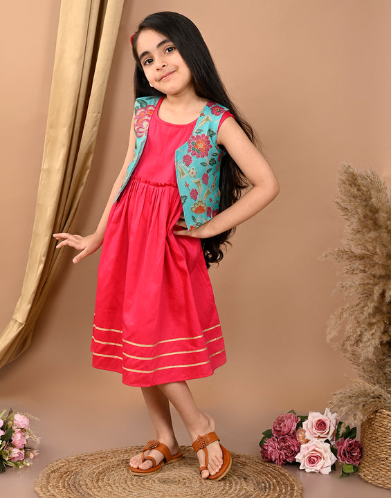Pink sleeveless Dress with blue sleevesless kota jacket