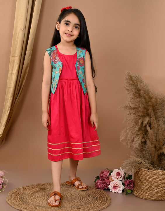 Pink sleeveless Dress with blue sleevesless kota jacket