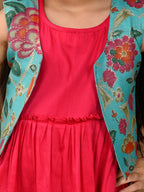 Pink sleeveless Dress with blue sleevesless kota jacket