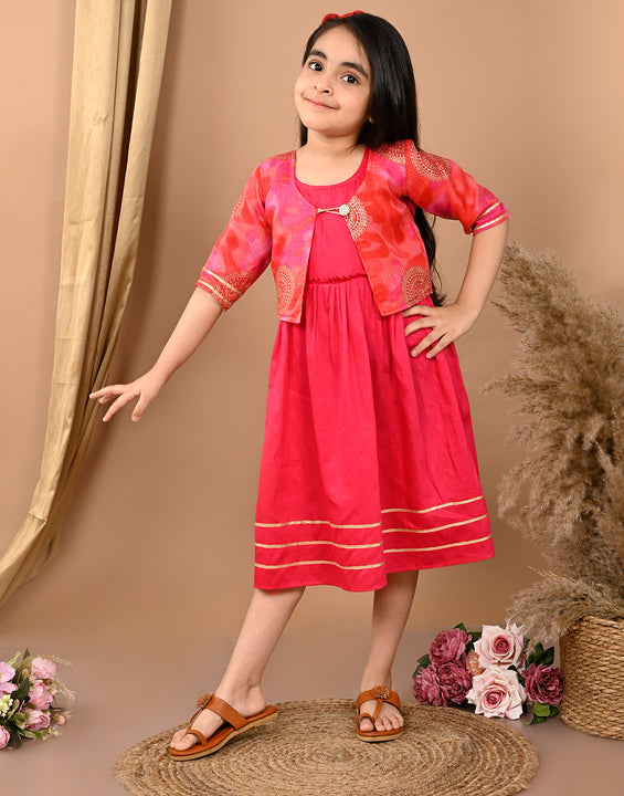 Pink sleeveless Dress with pink kota  3/4 sleeves jacket