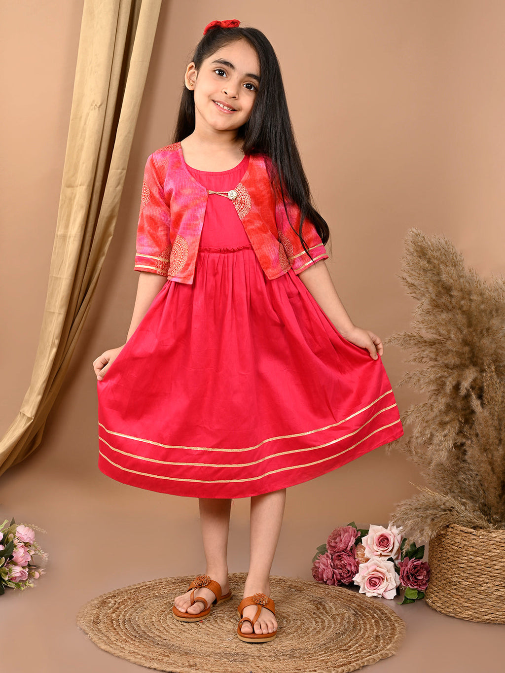 Pink sleeveless Dress with pink kota  3/4 sleeves jacket