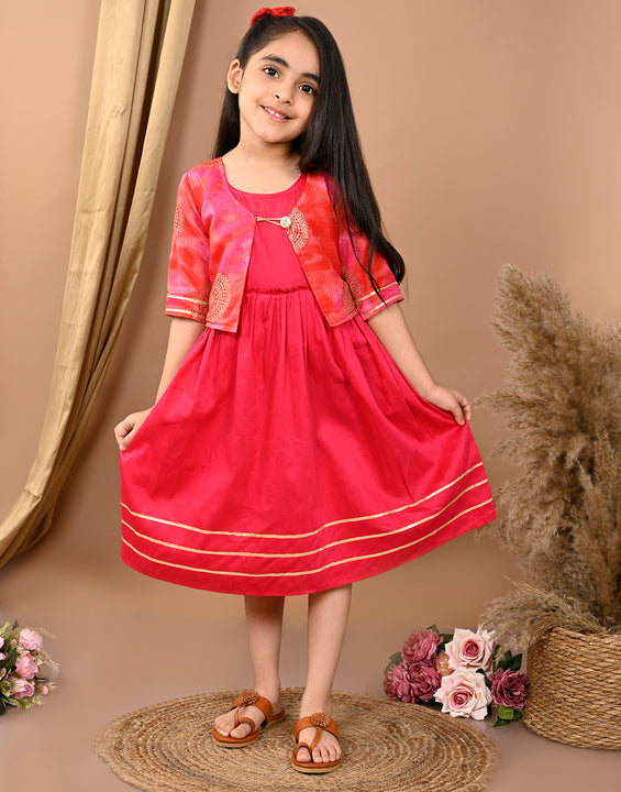 Pink sleeveless Dress with pink kota  3/4 sleeves jacket