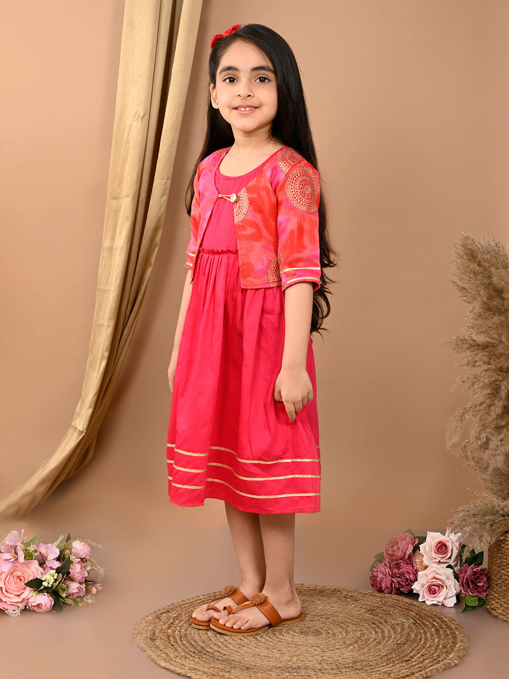 Pink sleeveless Dress with pink kota  3/4 sleeves jacket