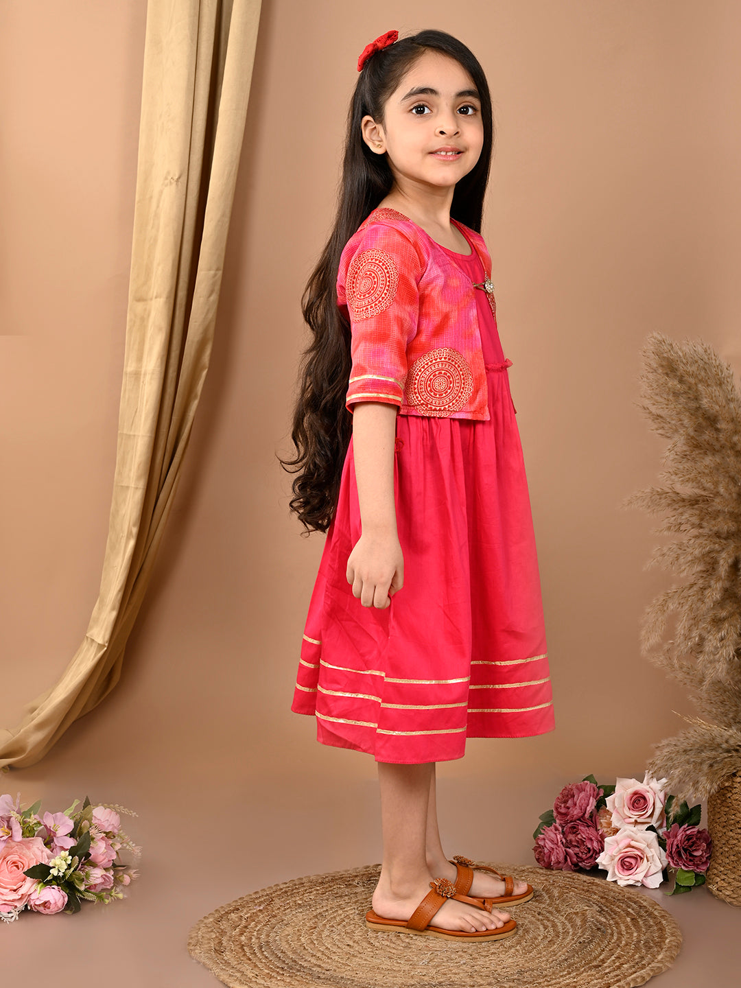 Pink sleeveless Dress with pink kota  3/4 sleeves jacket