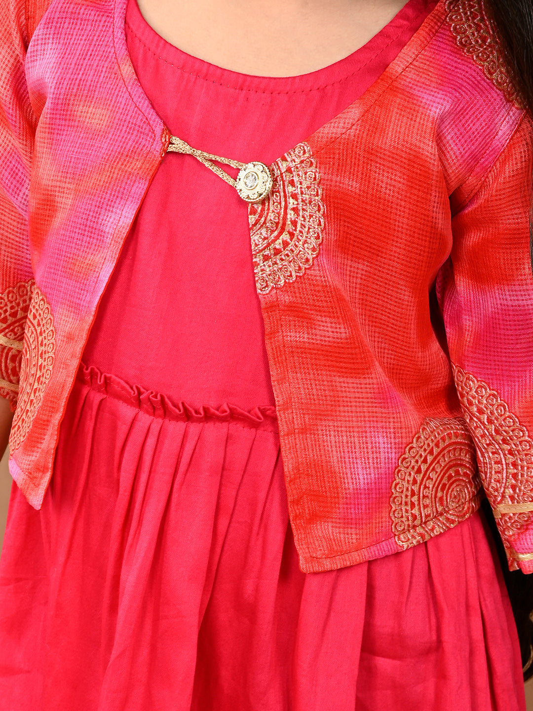 Pink sleeveless Dress with pink kota  3/4 sleeves jacket