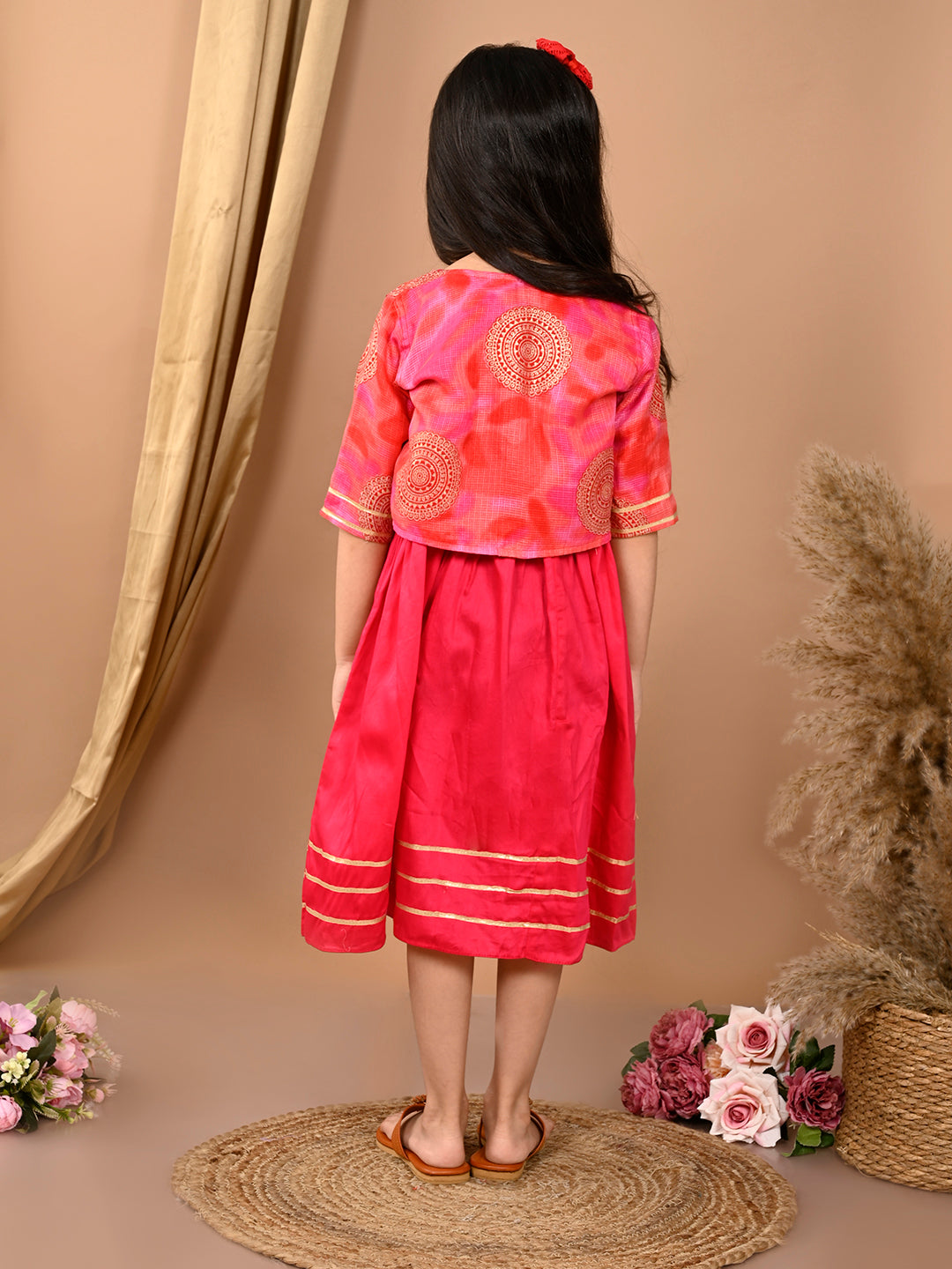 Pink sleeveless Dress with pink kota  3/4 sleeves jacket