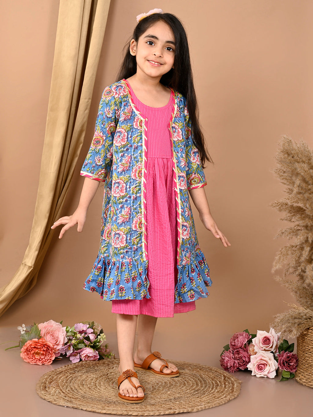 Pink  katha sleeveless Dress with blue printed  3/4 sleeves long jacket