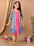 Pink  katha sleeveless Dress with blue printed  3/4 sleeves long jacket