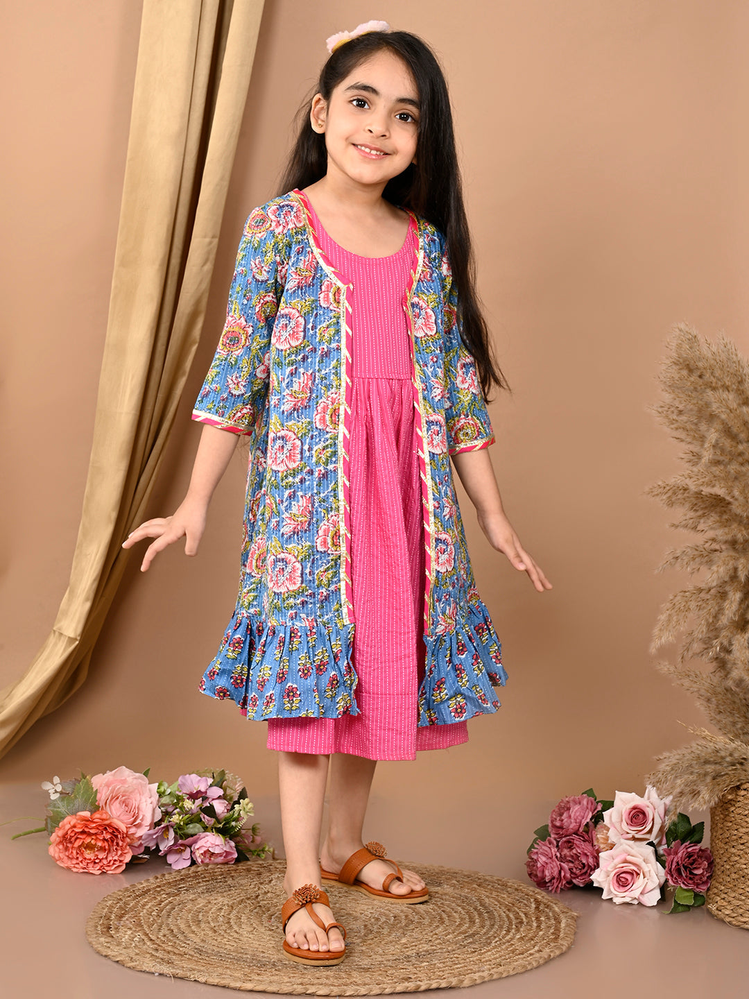 Pink  katha sleeveless Dress with blue printed  3/4 sleeves long jacket