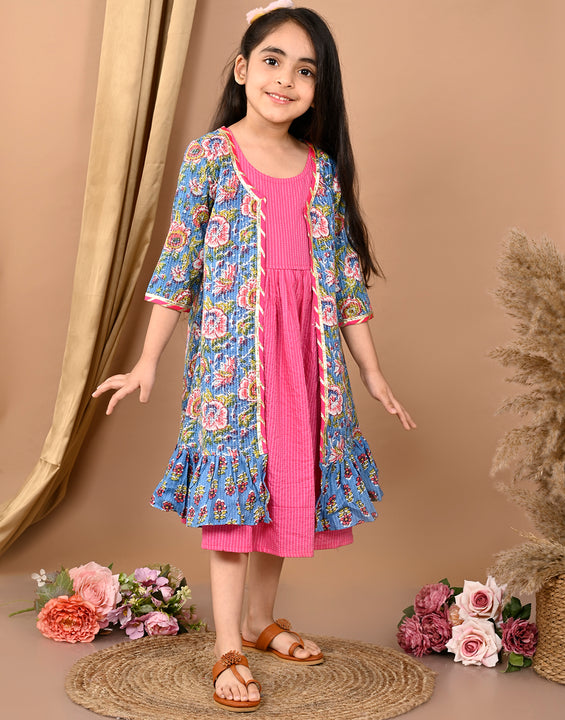 Pink  katha sleeveless Dress with blue printed  3/4 sleeves long jacket