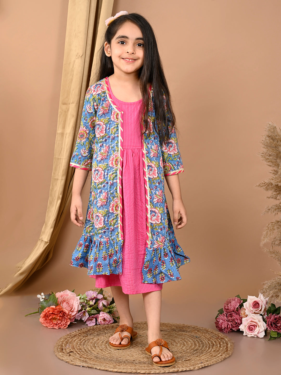 Pink  katha sleeveless Dress with blue printed  3/4 sleeves long jacket