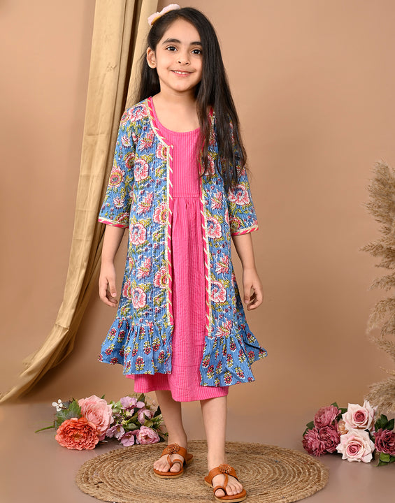 Pink  katha sleeveless Dress with blue printed  3/4 sleeves long jacket