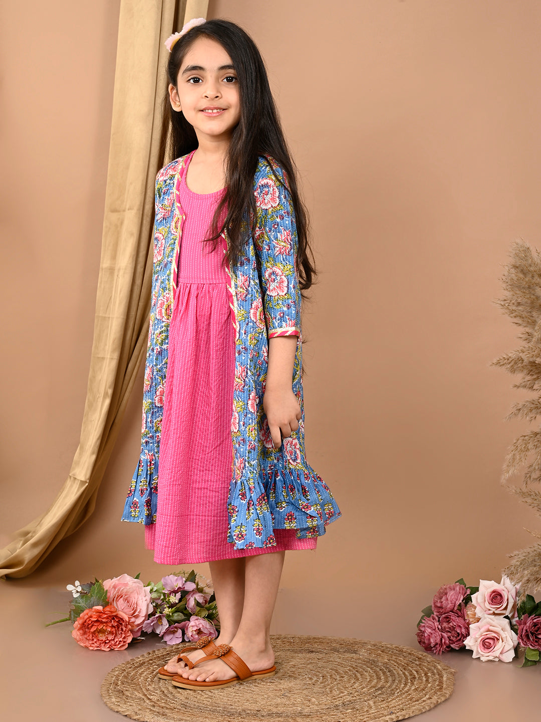 Pink  katha sleeveless Dress with blue printed  3/4 sleeves long jacket