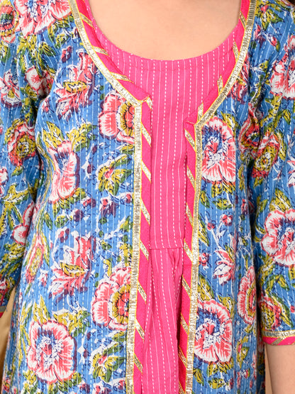 Pink  katha sleeveless Dress with blue printed  3/4 sleeves long jacket