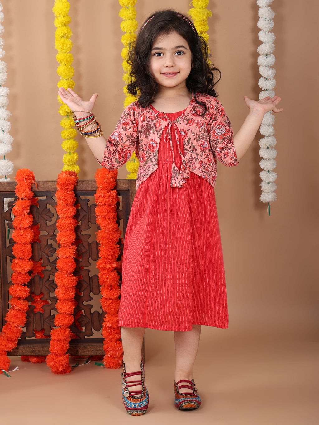 Red Sleeveless Dress with Pink 3/4 Sleeve Printed Jacket