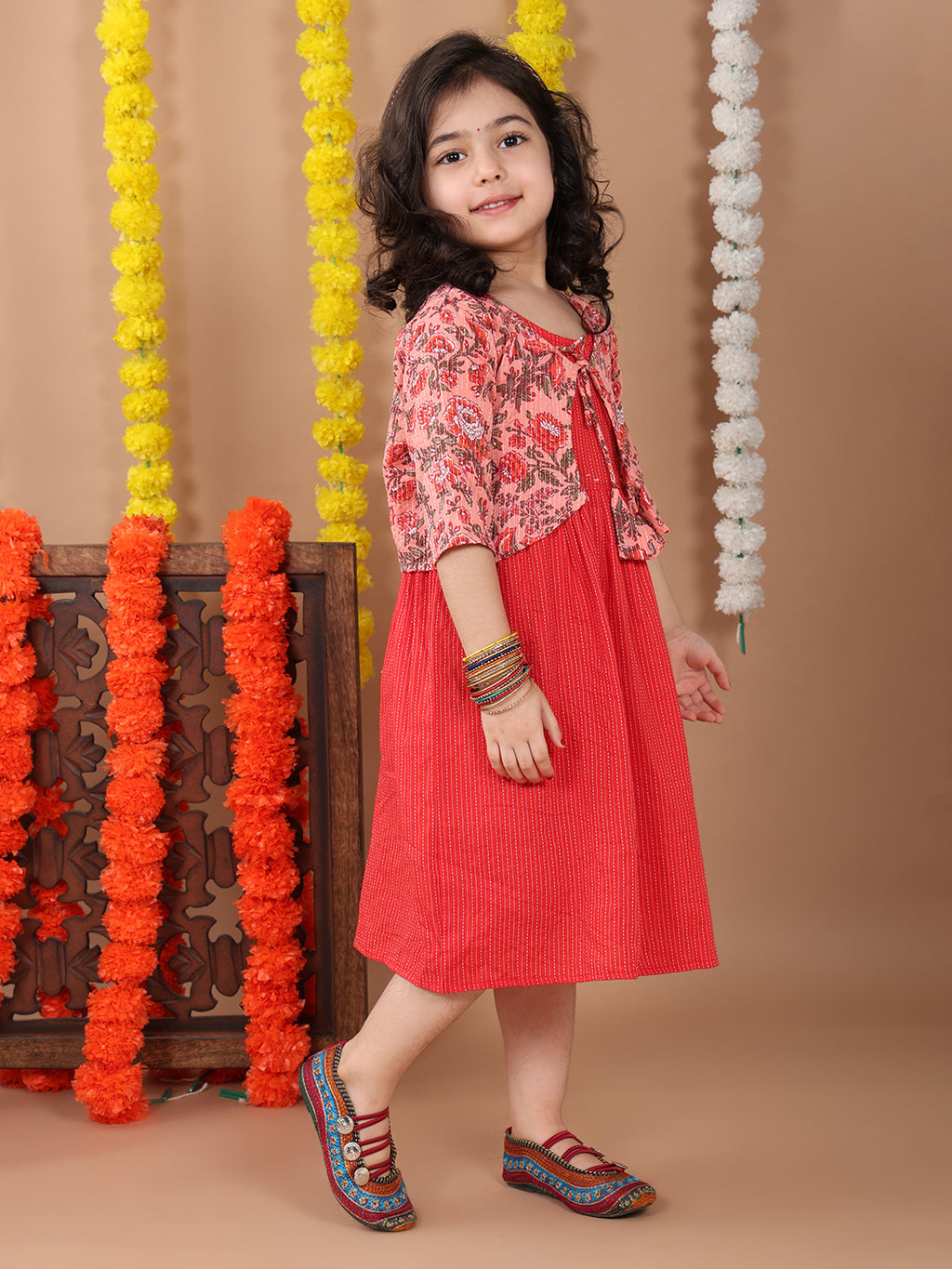 Red Sleeveless Dress with Pink 3/4 Sleeve Printed Jacket