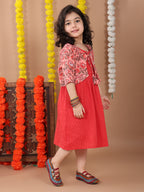Red Sleeveless Dress with Pink 3/4 Sleeve Printed Jacket