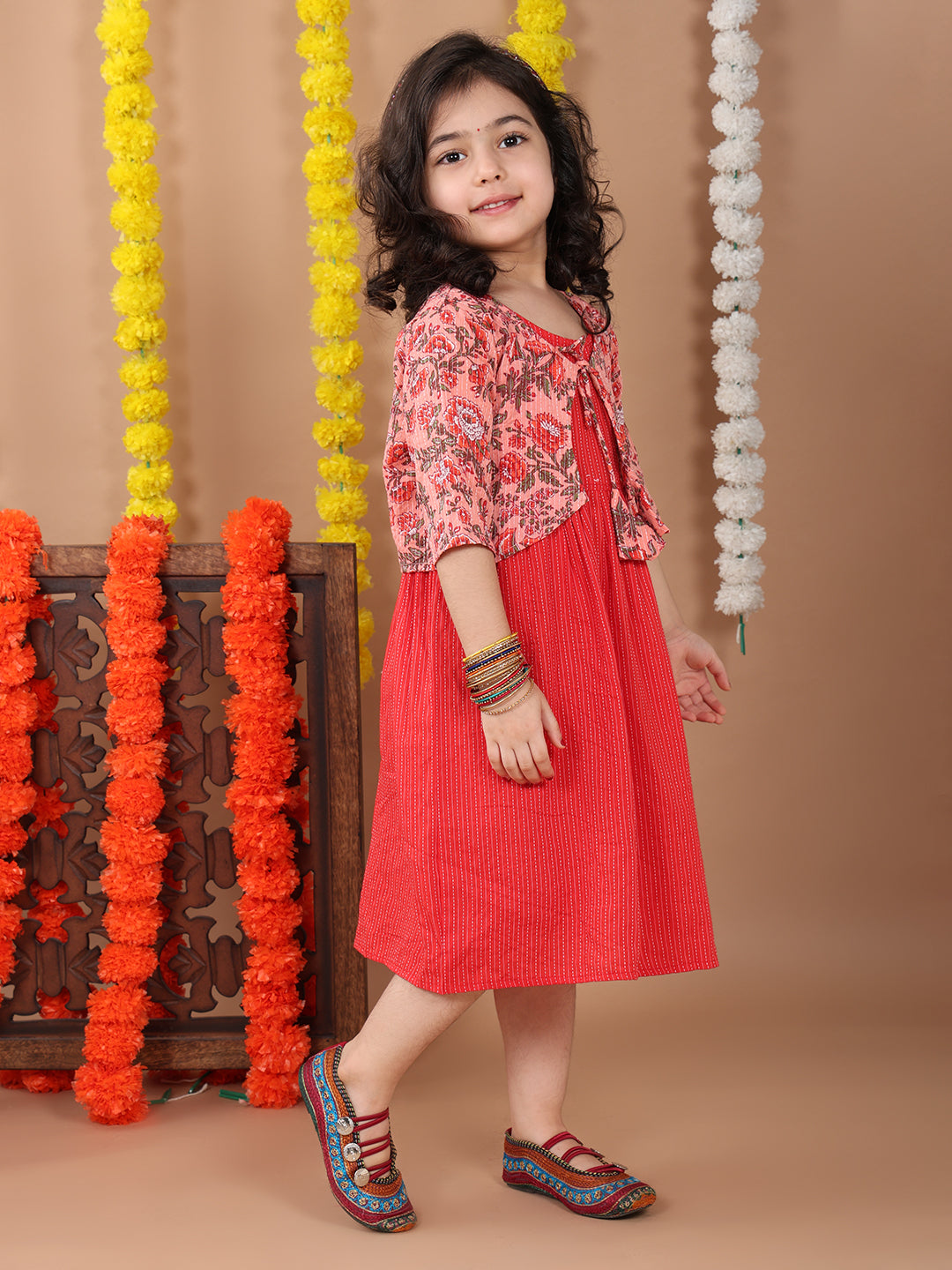 Red Sleeveless Dress with Pink 3/4 Sleeve Printed Jacket