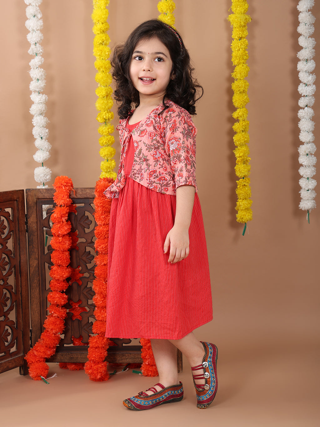 Red Sleeveless Dress with Pink 3/4 Sleeve Printed Jacket