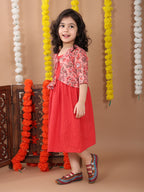Red Sleeveless Dress with Pink 3/4 Sleeve Printed Jacket