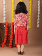 Red Sleeveless Dress with Pink 3/4 Sleeve Printed Jacket
