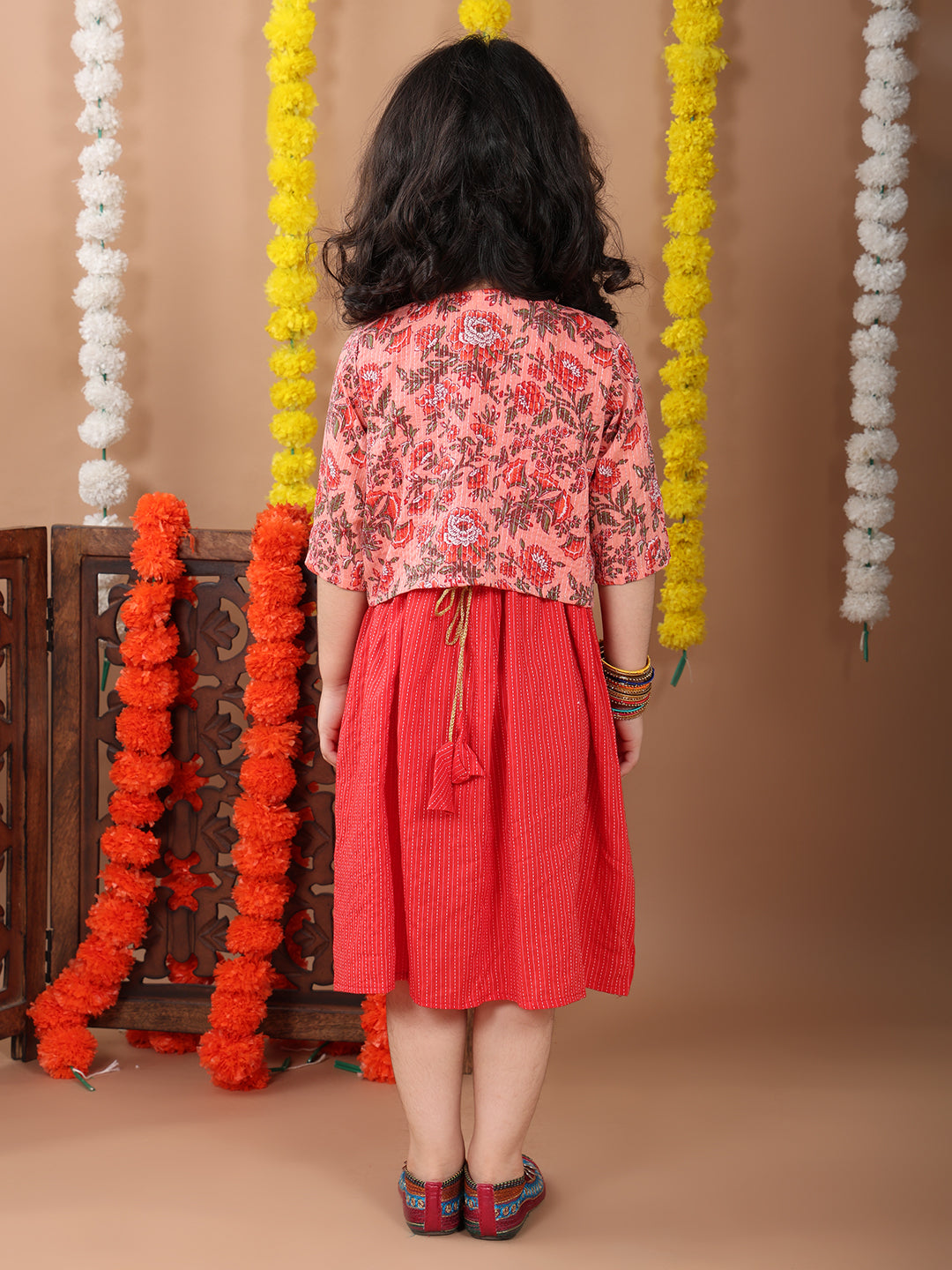 Red Sleeveless Dress with Pink 3/4 Sleeve Printed Jacket